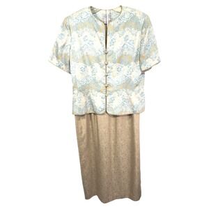 Adrianna Papell Size 12 Silk Skirt Suit‎ Set Button Front Beaded Blue Tan 118